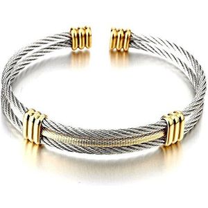 COOLSTEELANDBEYOND Armband van roestvrij staal voor heren en dames, verstelbaar, armband, kabel, gedraaid, zilver, goud, 2 tinten, 18 cm