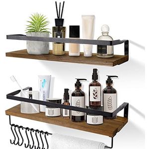 AGM Set van 2 houten wandplanken met handdoekhouder, zwevende planken, ideaal voor badkamer, keuken, woonkamer, kantoor, slaapkamer (met haken)