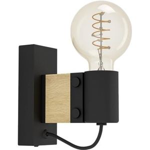 EGLO Bailrigg wandlamp voor binnen, binnenverlichting, FSC100HB, wandlamp voor woonkamer, slaapkamer en hal, natuurlijk hout en zwart metaal, E27 fitting