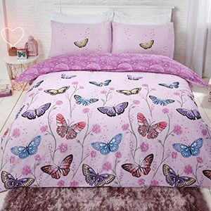 Dreamscene Butterfly Heaven omkeerbare beddengoedset, dekbedovertrek en kussensloop, bloemenpatroon, violet