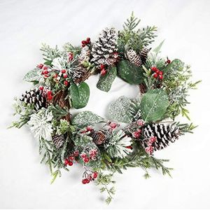 SHATCHI Sneeuwbladerslinger, bloemen, dennenappels en bessen, natuurlijke look, kerstdecoratie, bruiloft, groene kroon, 60 cm
