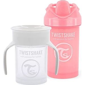 Twistshake Drinkbekers voor baby's, set van 2, 1 x mok 360 + 1 x beker met handgrepen, BPA-vrij, leerbeker voor kinderen, waterfles, wit roze