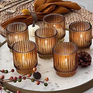 Kate Aspen Set van 6 vintage theelichthouders van geribbeld amber glas, herfstdecoratie, boho-decoratie, plankdecoratie (27206AB)