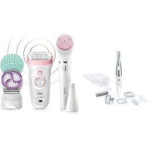 Braun Silk-Épil Beauty Set 9 Deluxe Épilateur Électrique Femme, Blanc/Rose, 9-En-1 Sans Fil & Silk-épil Bikini Styler 3-En-1 Rasoir, Épilation Et Stylisation Précises Du Maillot, Noir/Argenté