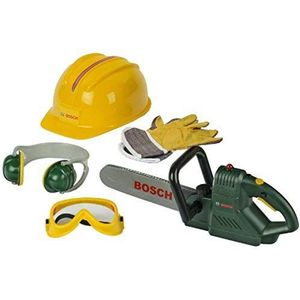 Theo klein 8525 Bosch-kettingzaag met accessoires, geluid en knipperlicht, arbeidsbeschermingsuitrusting, speelgoed voor kinderen vanaf 3 jaar