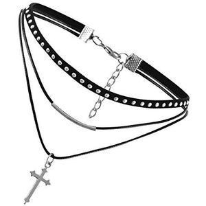 Flongo Choker-halsketting met hanger van leer en fluweel, zwart en goud, elastisch, punkstijl, leerlegering, Zonder steen