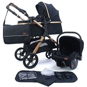 Pixini Nelio 3-in-1 combi-kinderwagen met babyzitje en buggy en babyschaal, luiertas, bekerhouder, regenhoes, adapter (goud/zwart)