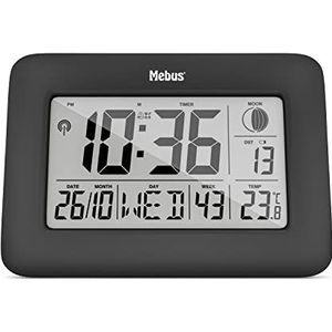 MEBUS Wandlamp, functietafelhorloge, twee wachttijden met hoofddeksel, binnenthermometer, kalender, tijdzone-instelling, monfase, kleur: zwart, model: 46732
