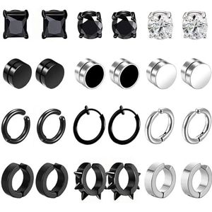 12 paar magnetische nep-oorbellen van roestvrij staal voor heren, zonder gat, zonder gat, CZ magneet voor dames, oorbellen, zwart, zilver