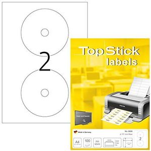 TopStick 8656 CD-etiketten A4 (117 mm maxi, 100 vellen, papier, mat) zelfklevend, bedrukbaar, permanent zelfklevend voor cd's, 200 zelfklevende etiketten, wit