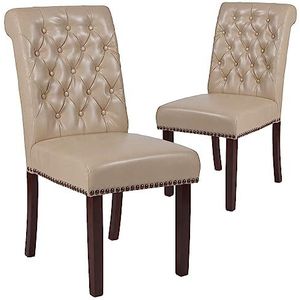 Flash Furniture Hercules Series Set van 2 beige leren stoelen met opgerolde rug, walnoot afwerking