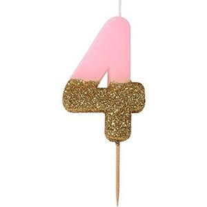 Verjaardagskaars nummer 4 roze met gouden glitter, hoogwaardige taartdecoratie, mooi, glinsterend voor kinderen, volwassenen, 4, 40e feest, verjaardag, mijlpaal