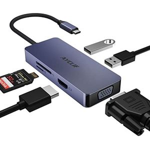 6-in-1 USB C naar HDMI VGA Dual Monitor USB C-adapter met USB A-kaartlezer, SD/TF-kaartlezer, USB C Multiport dockingstation voor MacBook Pro/Air, Dell/HP/Lenovo