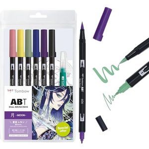 Tombow ABT Dual Brush Pen Manga Aquarel Moon Set van 6 ABT + watertankkwast, kleursjablonen en video-tutorial [ABT-6P-MANGA-MOON]