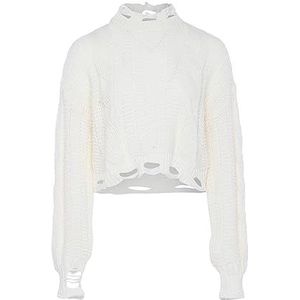 gaya Women's Pull en tricot rebelle pour femme avec bords bruts et col rond Blanc laine M/L Pull Sweater, M, Blanc cassé, M