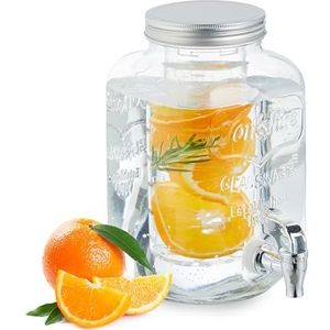 Relaxdays Drankdispenser met inzetstuk, kraan en deksel, 4 liter, glas, waterdispenser, limonadedispenser, transparant