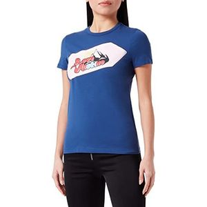 Love Moschino Dames T-shirt met korte mouwen met signaaldruk en glitterdetails, blauw, 48, Blauw
