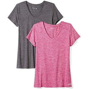 Amazon Essentials Dames Tech Stretch T-shirts met korte mouwen en V-hals (verkrijgbaar in grote maten) ruimteverf antraciet gemêleerd / framboos rood, maat L