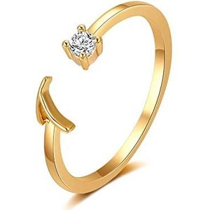 Gouden ring voor dames, letterring, verstelbaar, open ring, letter A-Z, ring met naam, modesieraad, minimalistische ring, stapelbaar, Bergkristal, zirkonia