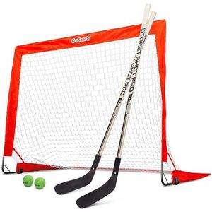 GoSports HOCKEY-STREET-01 straatset bevat een pop-up doel en 2 stokken, 2 hockeyballen, uniseks, tieners, rood