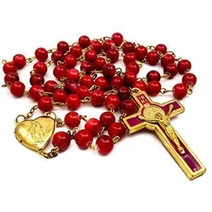 Nazareth Store Rozenkrans van rode koraalkralen, katholieke rozenkrans van Sint-Benedictus, medaillon in hartvorm, medaille en kruis, religieuze amulet voor dames en heren, clutch, Glas Zink Koraal