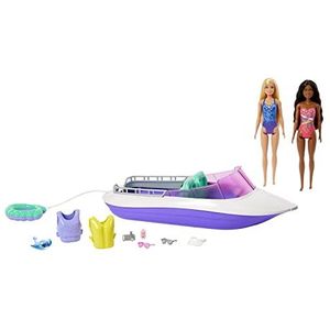 Barbie Barbie Mermaid Power-set met 2 Barbie poppen, drijvende boot (45,7 cm) met transparante bodem, 4 stoelen en accessoires, kinderspeelgoed, vanaf 3 jaar, HHG60