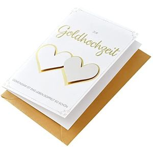 Perleberg Gouden bruiloftskaart met envelop goud goud bruiloft wenskaart hoogwaardige wenskaart met twee harten huwelijkskaart huwelijkskaart 11,6 x 16,6 cm wenskaart bruiloft gouden wenskaart