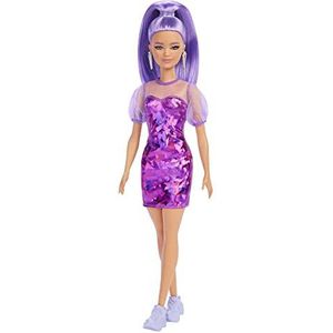 Barbie Fashionistas pop #178 paars lang haar met iriserende paarse jurk en paarse sneakers, kinderspeelgoed, HBV12