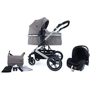 Pixini Neyla 3-in-1 kinderwagen, trio, kinderen, autostoel, accessoires (grijs/bruin)