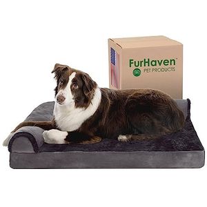 FurHaven Groot hondenbed van traagschuim van pluche en fluweel met afneembare wasbare overtrek - platinagrijs - maat L
