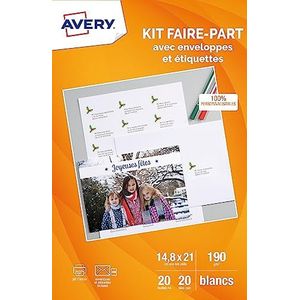 AVERY - Kit Fair-Parts bestaande uit 20 witte uitnodigingskaarten A5 (190 g/m²) + 20 witte enveloppen + 21 zelfklevende etiketten