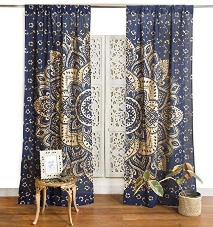 Popular Handicrafts Indiase hippie-gordijnen, bohemian, prachtig, passie, schaduw, kleur mandala blauw, goud