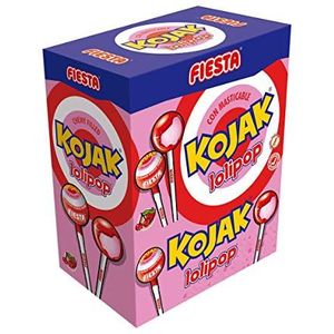 FIESTA Kojak Lolipop snoepjes met kersensmaak, gevuld met aardbeiensmaak, doos van 100 stuks