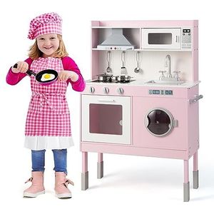 COSTWAY Kinderkeuken Van Hout, Speelkeuken Met Licht En Geluid Kinderkeuken Met Gootsteen Kraan Fornuis Waterdispenser Magnetron Speelgoedkeuken Met Accessoires Voor Kinderen Vanaf 3 Jaar Wit 365127