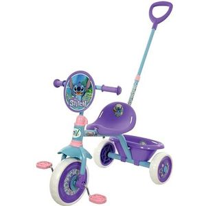 tricycle en métal à roue libre avec poignée arrière directionnable et panier de jeux Stitch