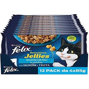 Purina Felix Sensations Jellies natvoer voor katten met smakelijke geleizalm met garnalen en forel van gelei en spinazie, 48 verpakkingen van 85 g
