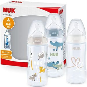 NUK First Choice Set van babyflessen, 0-6 maanden, temperatuurweergave, 300 ml, antikrampjesventiel, BPA-vrij, siliconenfopspeen, 3-delig, safari