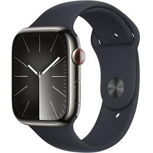 Apple Watch Series 9 (45 mm GPS + Cellular) Smartwatch met grafiet roestvrijstalen behuizing en sportarmband in middernachtblauw (S/M) Tracker voor fysieke activiteit, apps voor zuurstof in het bloed