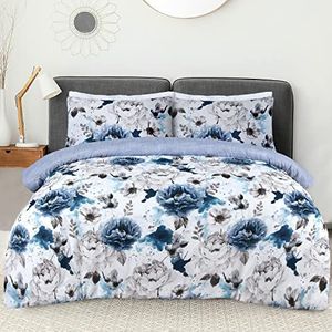 Sleepdown Omkeerbare beddengoedset met dekbedovertrek en kussenslopen, blauw, bloemenpatroon, effen, onderhoudsvriendelijk, zacht en comfortabel, super kingsize (220 x 260 cm)
