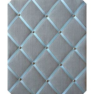 Prikbord van linnen, eendenblauw met chromen details, groot formaat 40 x 48 cm, van stof, prikbord, berichten, berichten