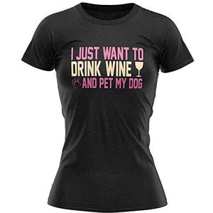 Grappig T-shirt met opschrift ""Drink Wine and Pet Dog"" voor dames, meisjes, zwart, zwart.