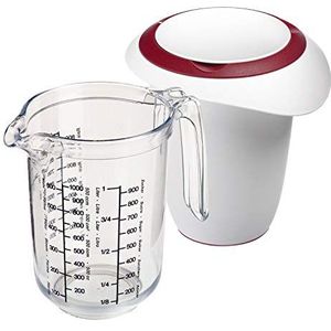 Westmark Gerda 306822E6 maatbeker 1 liter met tweedelig deksel 1 liter maatbeker meertalige schaal maatbeker met schenktuit, kunststof, transparant, wit/rood