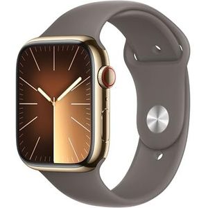 Apple Watch Series 9 (45 mm GPS + Cellular) Smartwatch met goudkleurige roestvrijstalen behuizing en sportarmband kleikleur (S/M). Tracker voor fysieke activiteit, apps voor zuurstof in het bloed en