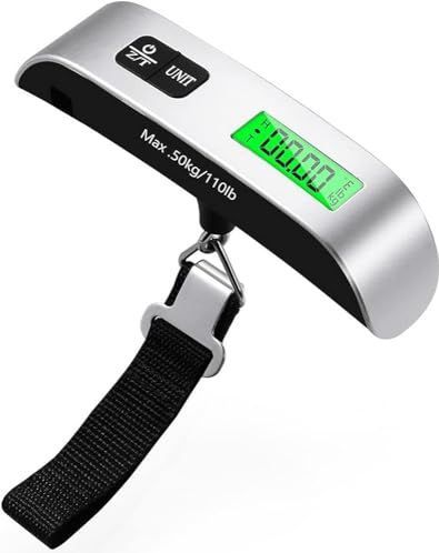 Allinone-Kitchen Draagbare digitale bagageweegschaal om op te hangen voor koffers met temperatuurmeetfunctie, capaciteit 50 kg, grijs, bagageweegschaal, grijs.