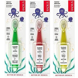 RADIUS Totz 3 stuks extra zachte kindertandenborstels groen/koraal/geel, glinsterend, BPA-vrij en ADA-geaccepteerd, ontworpen voor gevoelige tanden en tandvlees, voor kinderen van 18 jaar