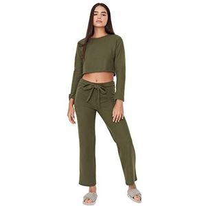 Trendyol Trendyol Effen gebreide pyjama voor dames, pijama set voor dames, set van 2, Khaki (stad)