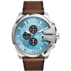 Diesel Chief Series Herenhorloge, chronograaf uurwerk met siliconen band, roestvrij staal of leer, bruin en lichtblauw, armband
