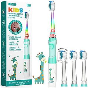 Seago SG-977 Elektrische tandenborstel voor kinderen van 3 tot 12 jaar, met gekleurd licht en borsteltimer en 4 zachte borstelkoppen voor junior, jongens en meisjes (groen)