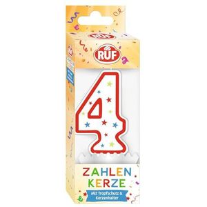 RUF Bougie d'anniversaire numéro 4 Rouge avec étoiles multicolores Bougie d'anniversaire de qualité supérieure avec protection anti-goutte, idéale comme décoration de gâteau, 1 pièce