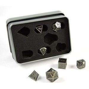 shibby 7 veelvlakkige metalen kubussen voor rollenspellen en tafelspellen in steampunk-look, zilverkleurig, met opbergdoos